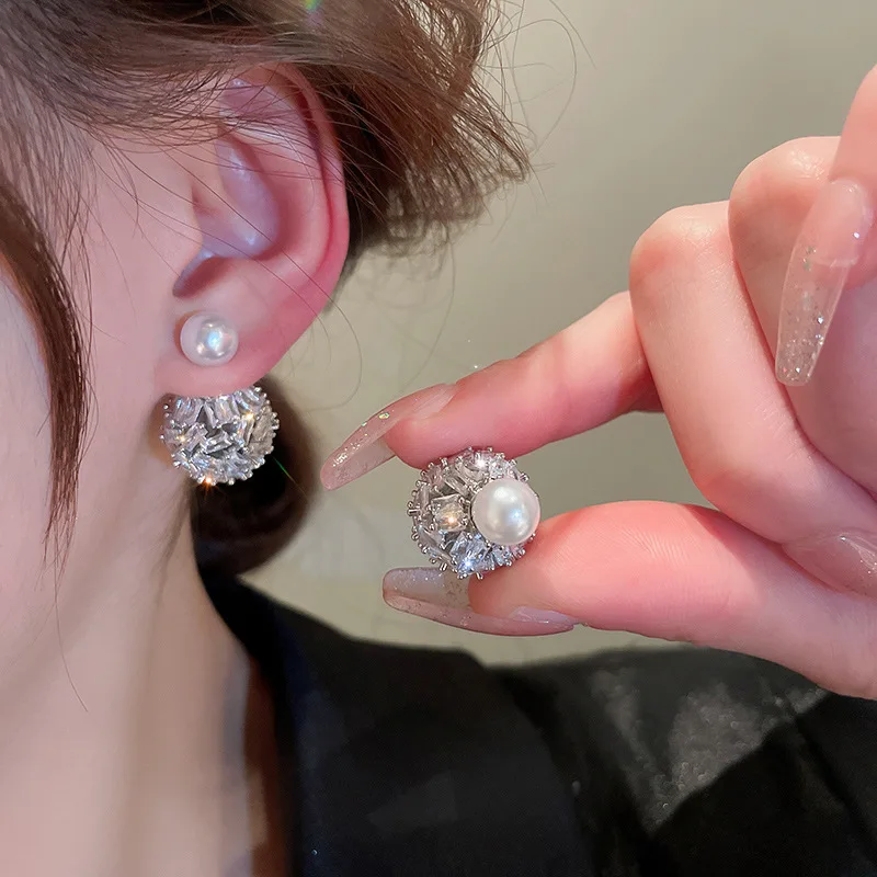 Electroplated Silver Needle Zircon Ball Europe And The United States Light Luxury Fashion Atwo-wear Personalized Ear Accessories