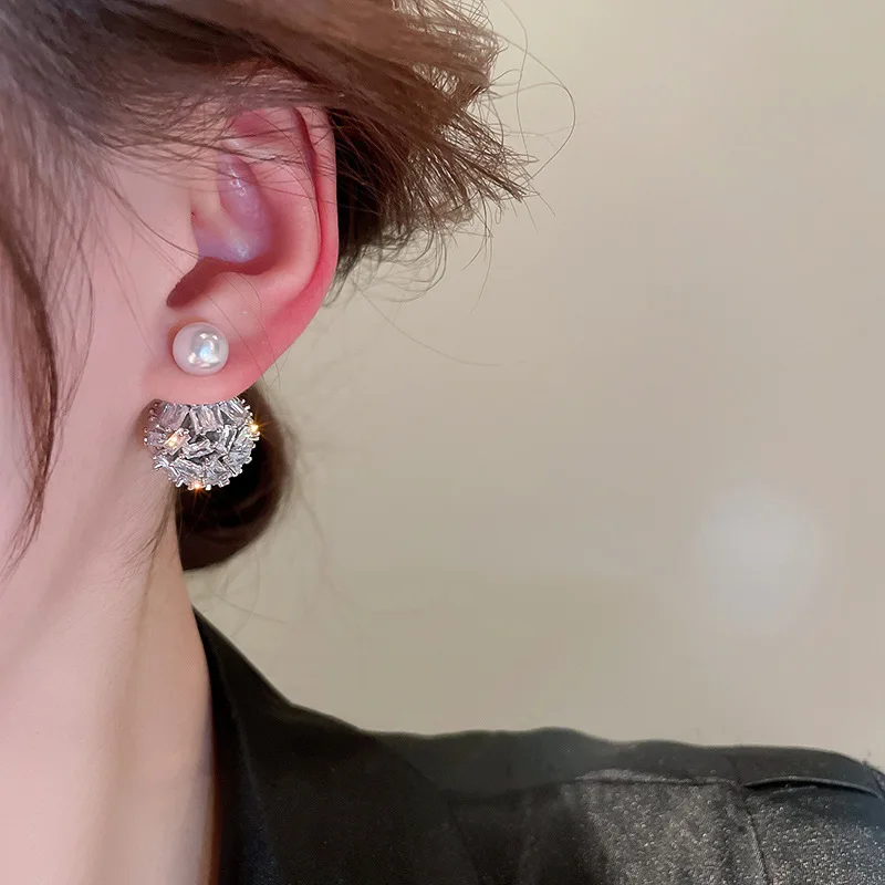 Electroplated Silver Needle Zircon Ball Europe And The United States Light Luxury Fashion Atwo-wear Personalized Ear Accessories