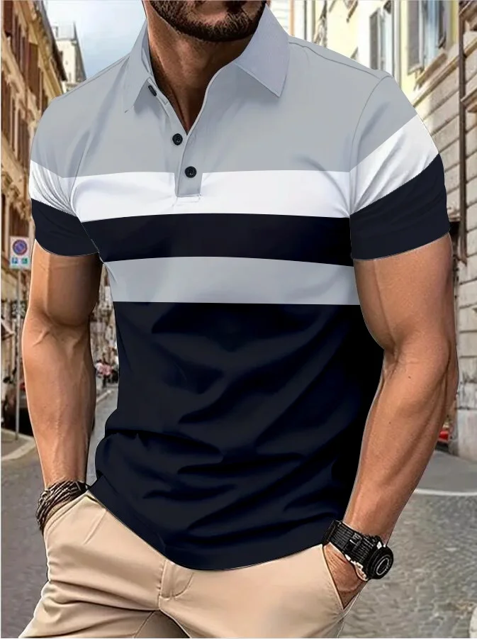 Men's short sleeve chest three stripes color matching fashion with men's lapel short sleeve men's fashion casual top T-shirt