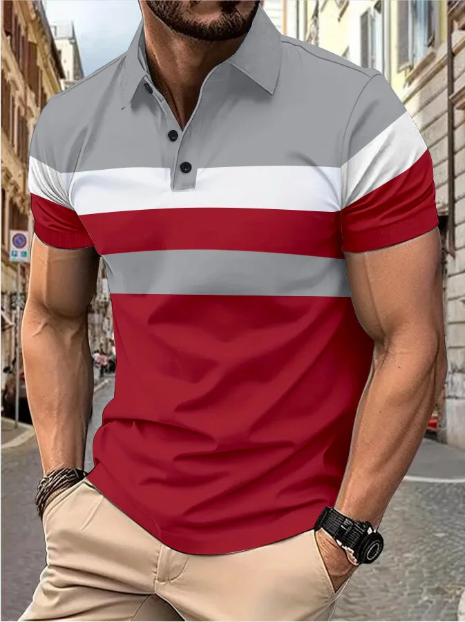 Men's short sleeve chest three stripes color matching fashion with men's lapel short sleeve men's fashion casual top T-shirt