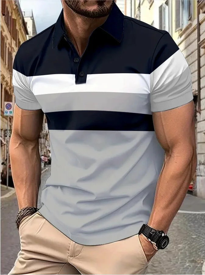 Men's short sleeve chest three stripes color matching fashion with men's lapel short sleeve men's fashion casual top T-shirt