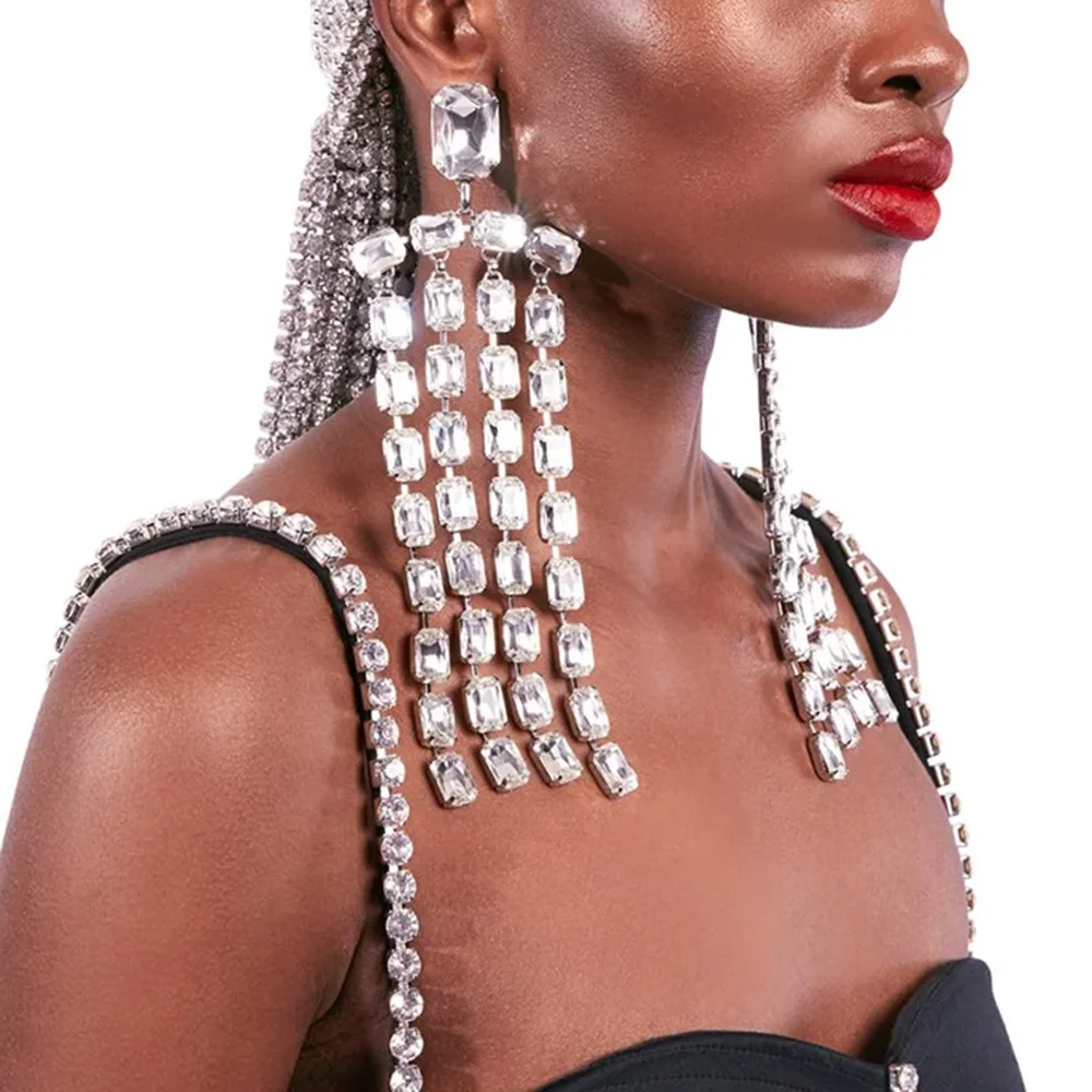Long Tassel Big Drop Earrings Crystal Accessories for Women Oversize Exaggerate Dangle Earrings Wedding Jewelry Gifts