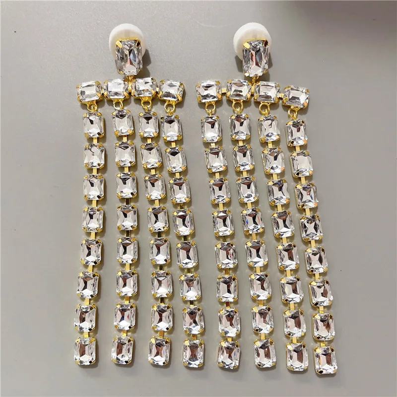 Long Tassel Big Drop Earrings Crystal Accessories for Women Oversize Exaggerate Dangle Earrings Wedding Jewelry Gifts