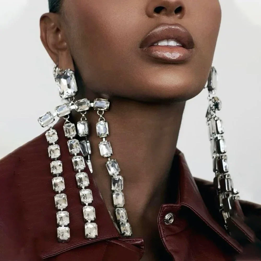 Long Tassel Big Drop Earrings Crystal Accessories for Women Oversize Exaggerate Dangle Earrings Wedding Jewelry Gifts
