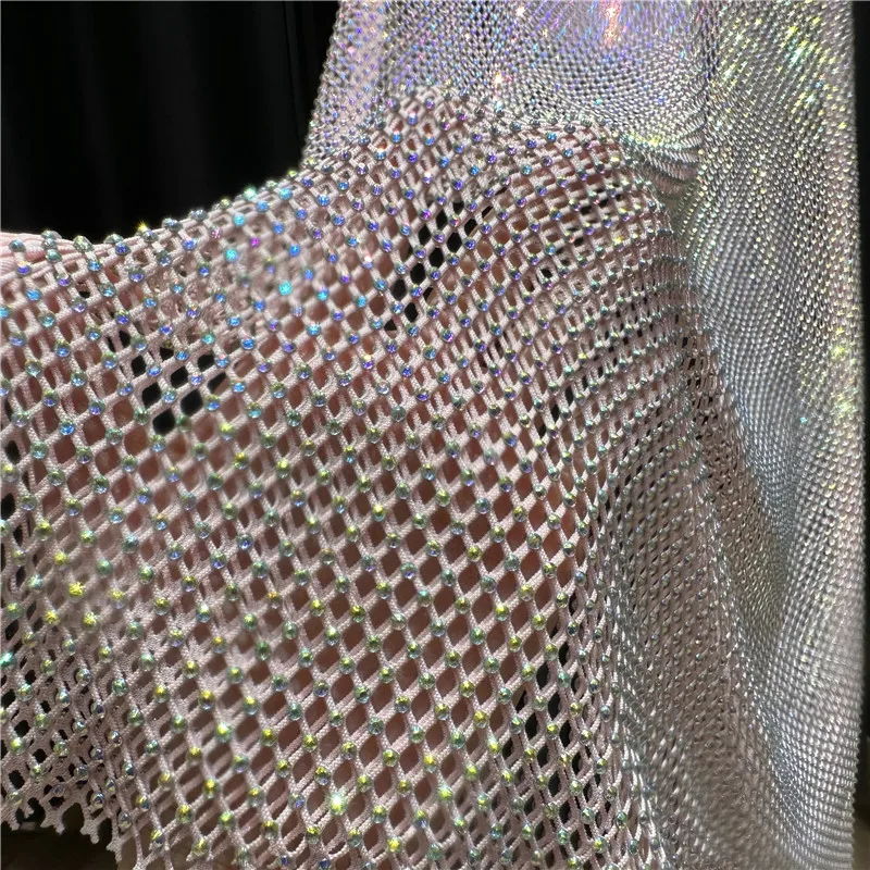 Sexy See Through Rhinestone Club Dress Women Deep V-neck Sexy Diamond Mesh Base Glitter Crystal Backless  Evening  Dresses 92CM