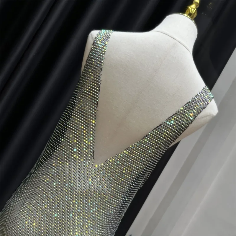 Sexy See Through Rhinestone Club Dress Women Deep V-neck Sexy Diamond Mesh Base Glitter Crystal Backless  Evening  Dresses 92CM