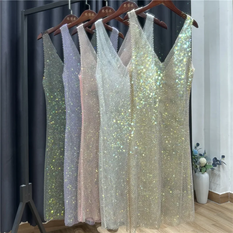 Sexy See Through Rhinestone Club Dress Women Deep V-neck Sexy Diamond Mesh Base Glitter Crystal Backless  Evening  Dresses 92CM
