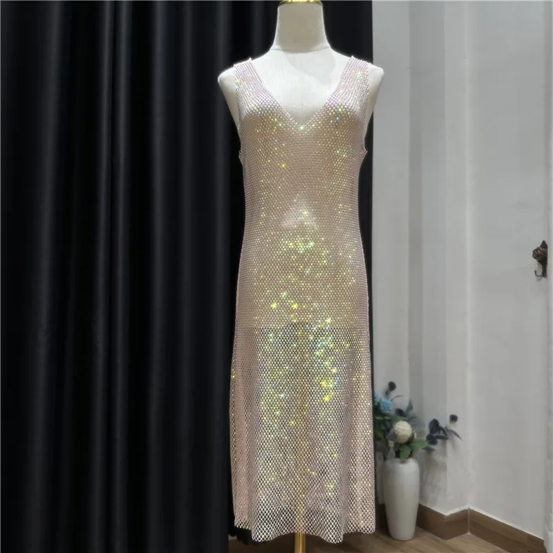 Sexy See Through Rhinestone Club Dress Women Deep V-neck Sexy Diamond Mesh Base Glitter Crystal Backless  Evening  Dresses 92CM