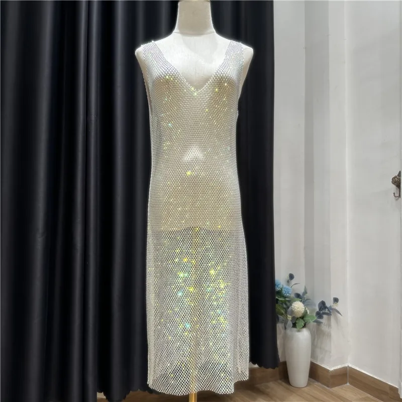 Sexy See Through Rhinestone Club Dress Women Deep V-neck Sexy Diamond Mesh Base Glitter Crystal Backless  Evening  Dresses 92CM
