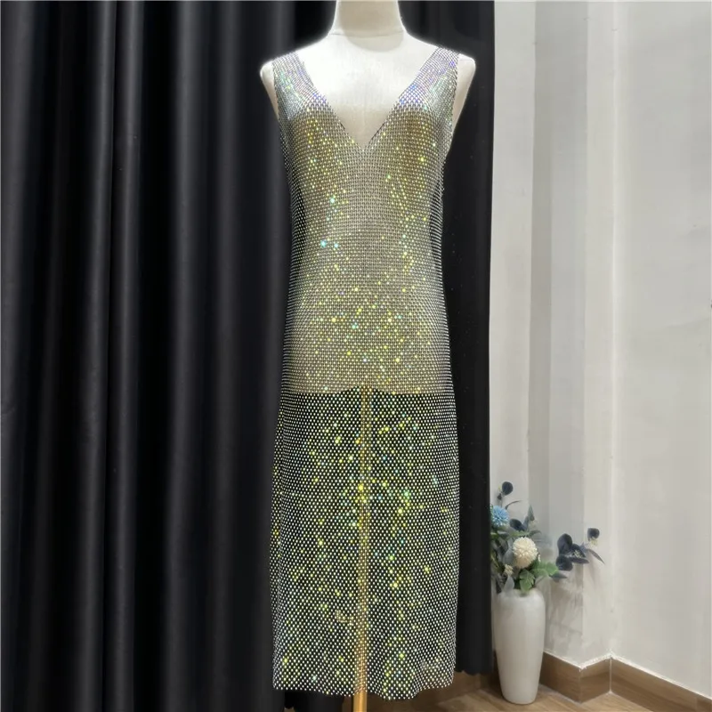 Sexy See Through Rhinestone Club Dress Women Deep V-neck Sexy Diamond Mesh Base Glitter Crystal Backless  Evening  Dresses 92CM