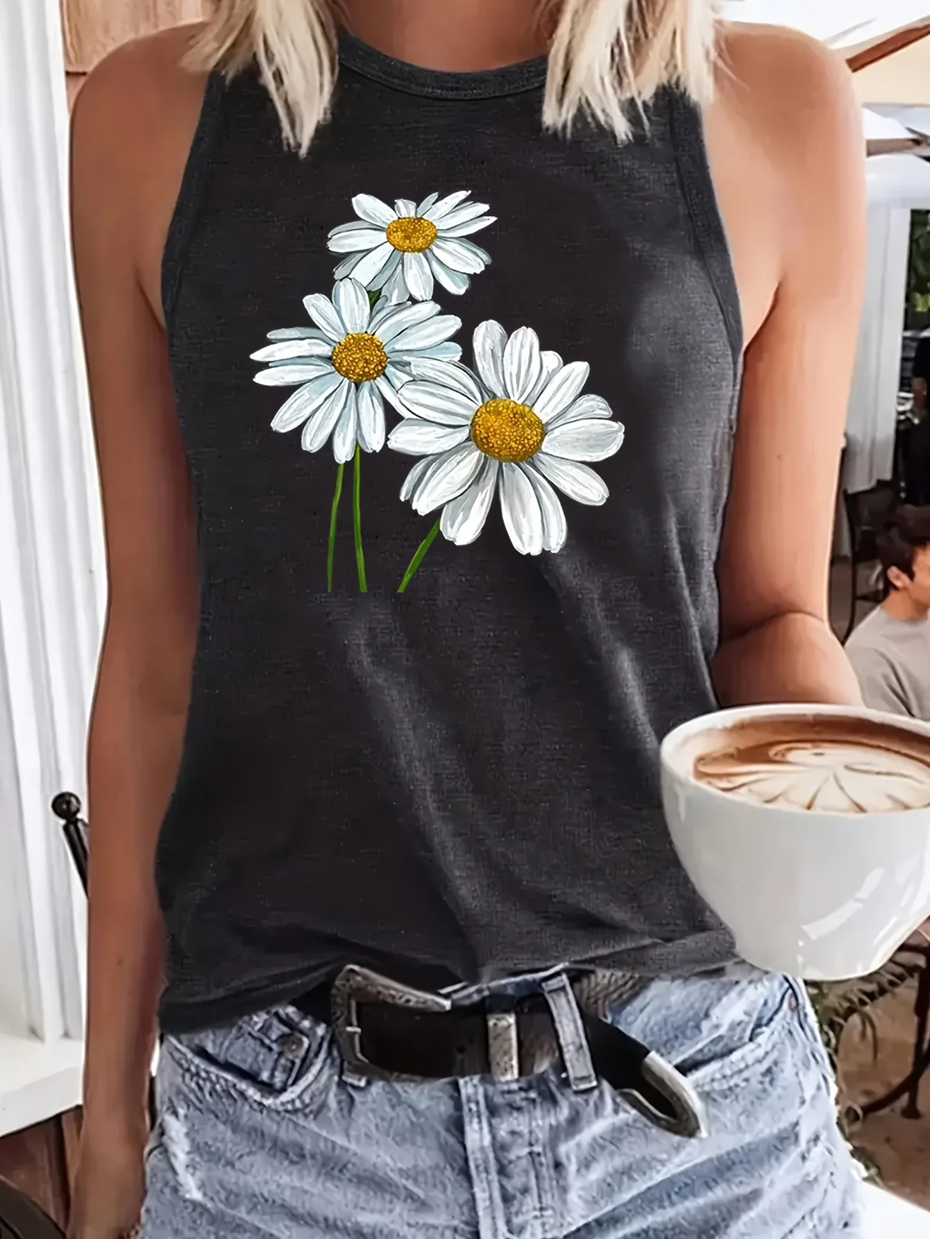 Women's Summer Floral Print Crew Neck Breathable Loose Large Breathable and Comfortable Sleeveless Tank Top T-shirt