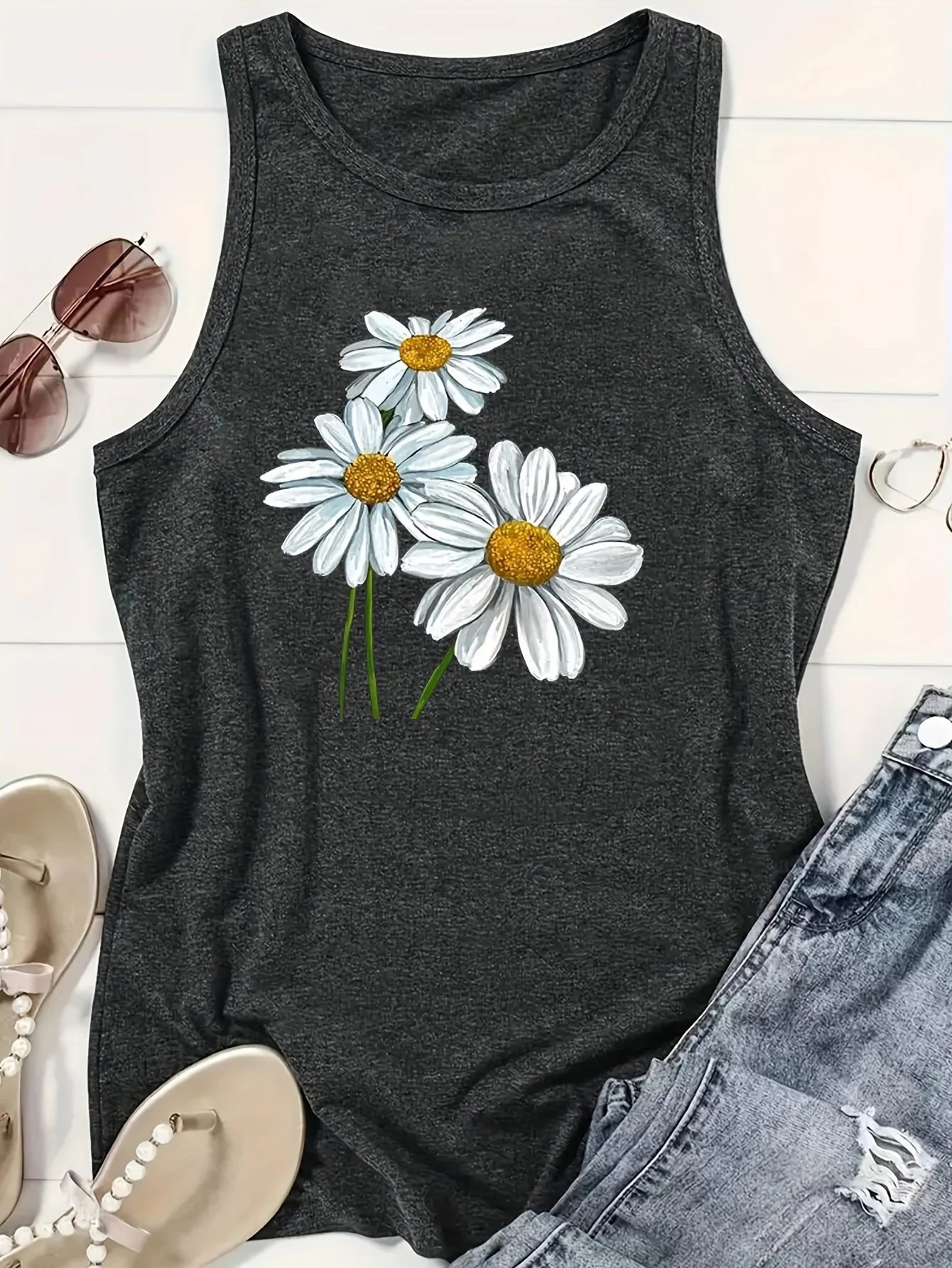 Women's Summer Floral Print Crew Neck Breathable Loose Large Breathable and Comfortable Sleeveless Tank Top T-shirt