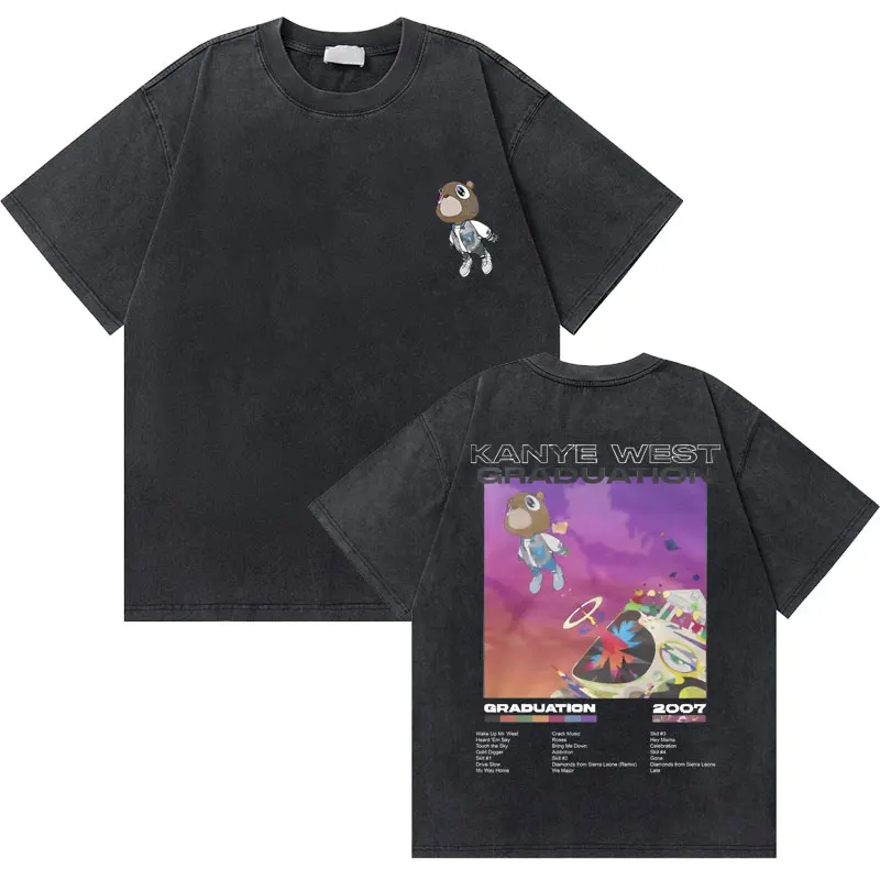 Washed Vintage Kanye West Graduation Bear Graphic T Shirt Men Women Fashion Hip Hop Tshirt Men's Oversized T-shirts Streetwear