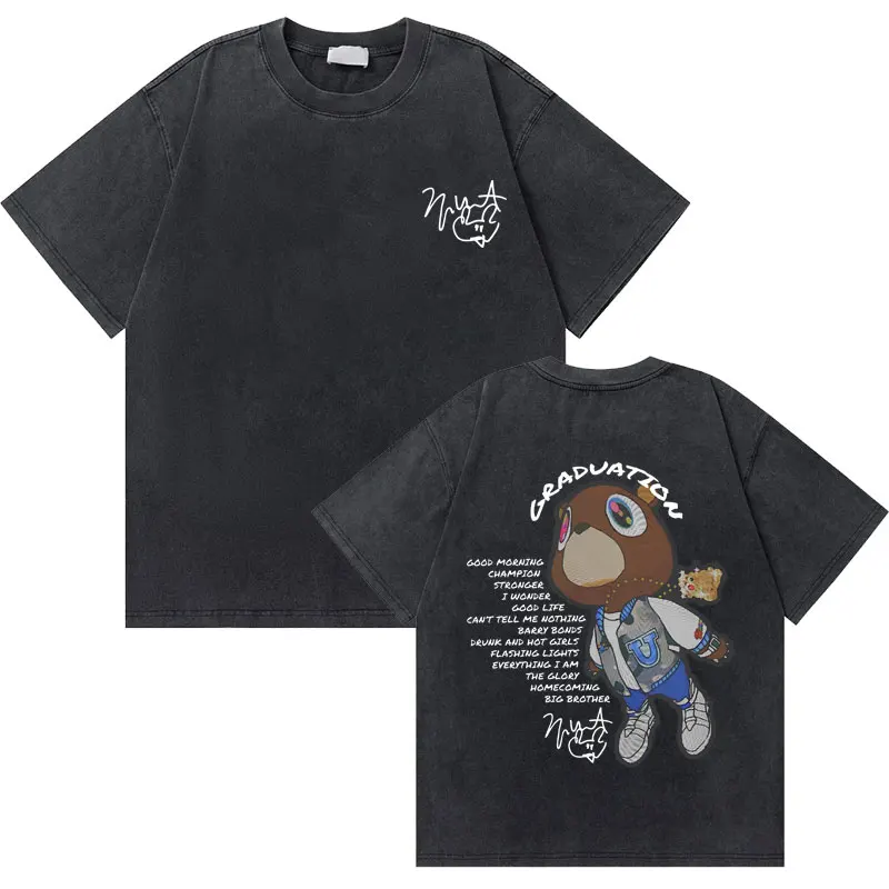 Washed Vintage Kanye West Graduation Bear Graphic T Shirt Men Women Fashion Hip Hop Tshirt Men's Oversized T-shirts Streetwear