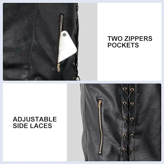 Arjen Kroos Men's Faux Leather Vest with Hidden Pockets Adjustable Laces Motorcycle Rider Vest