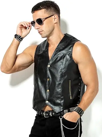 Arjen Kroos Men's Faux Leather Vest with Hidden Pockets Adjustable Laces Motorcycle Rider Vest