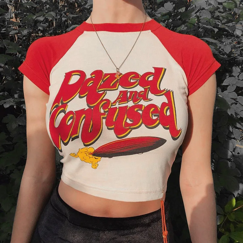 Letter Printed Navel Exposed T-Shirt Color Blocking Design Round Neck Printed Short Sleeve Navel Exposed Top Women Crop Top