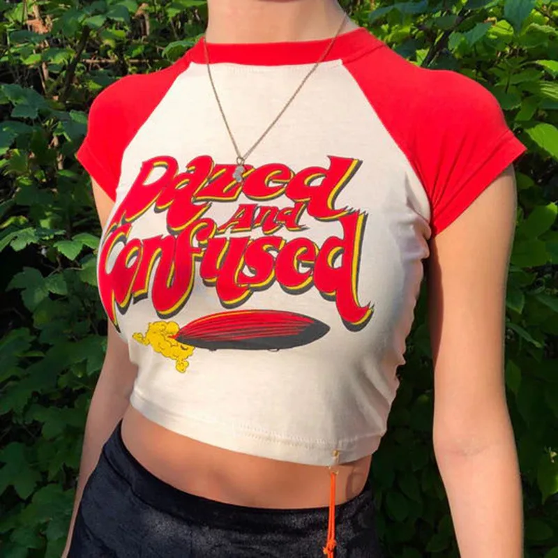 Letter Printed Navel Exposed T-Shirt Color Blocking Design Round Neck Printed Short Sleeve Navel Exposed Top Women Crop Top