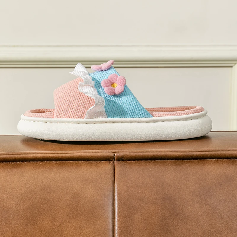 Platform Slippers Women Home Cartoon Cute Flower Designer Shoes Girls Casual House Cotton Linen Slides Flats Indoor Open Toe