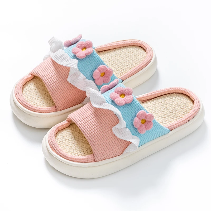 Platform Slippers Women Home Cartoon Cute Flower Designer Shoes Girls Casual House Cotton Linen Slides Flats Indoor Open Toe