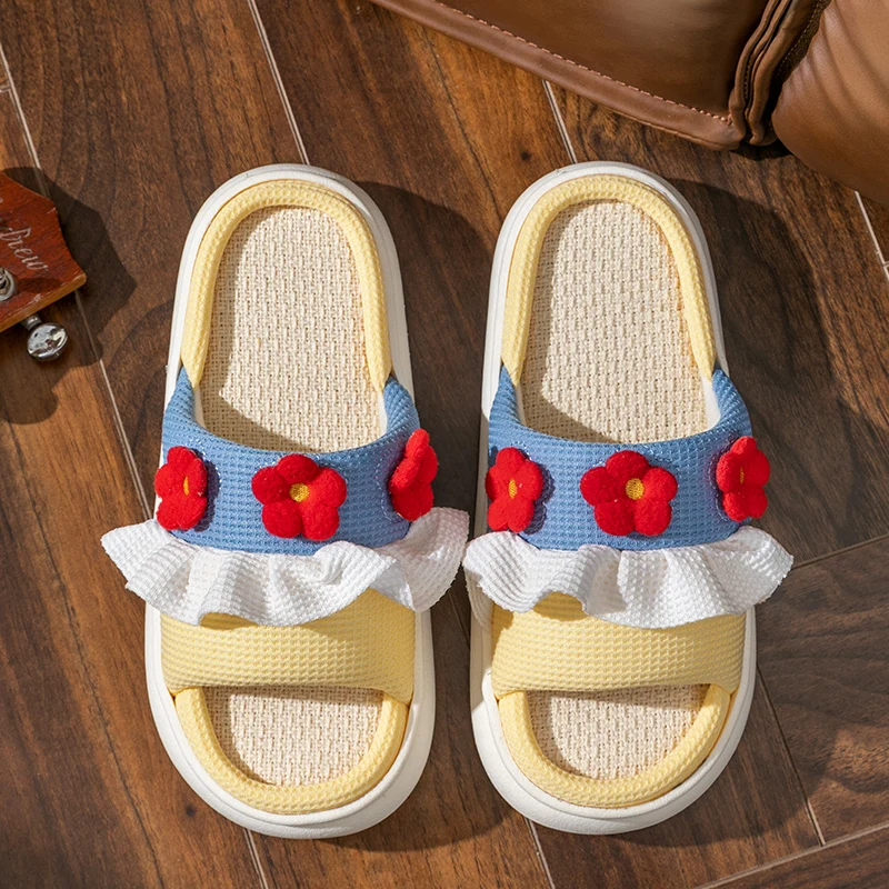 Platform Slippers Women Home Cartoon Cute Flower Designer Shoes Girls Casual House Cotton Linen Slides Flats Indoor Open Toe