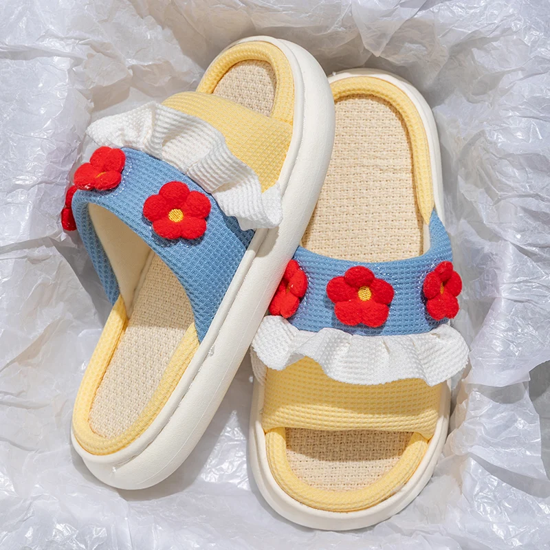 Platform Slippers Women Home Cartoon Cute Flower Designer Shoes Girls Casual House Cotton Linen Slides Flats Indoor Open Toe
