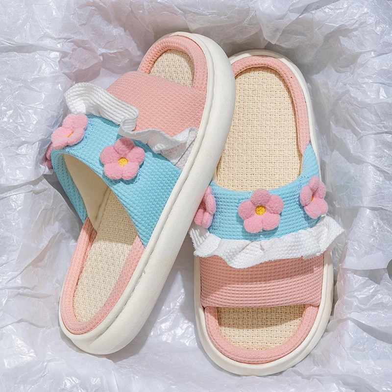 Platform Slippers Women Home Cartoon Cute Flower Designer Shoes Girls Casual House Cotton Linen Slides Flats Indoor Open Toe