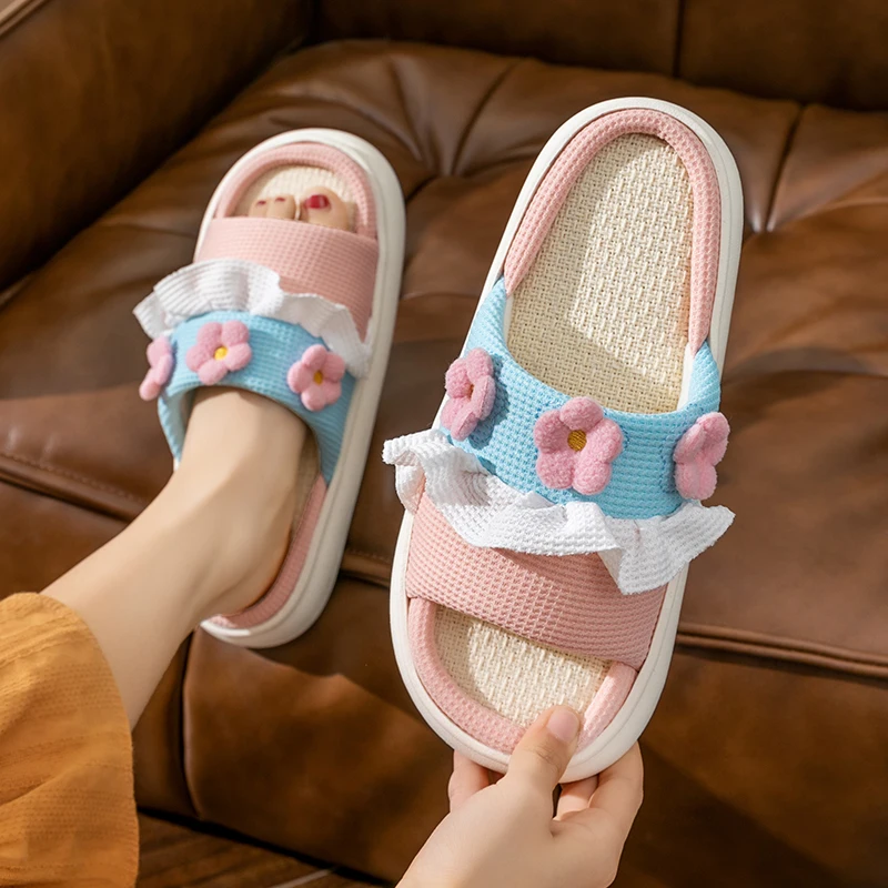 Platform Slippers Women Home Cartoon Cute Flower Designer Shoes Girls Casual House Cotton Linen Slides Flats Indoor Open Toe