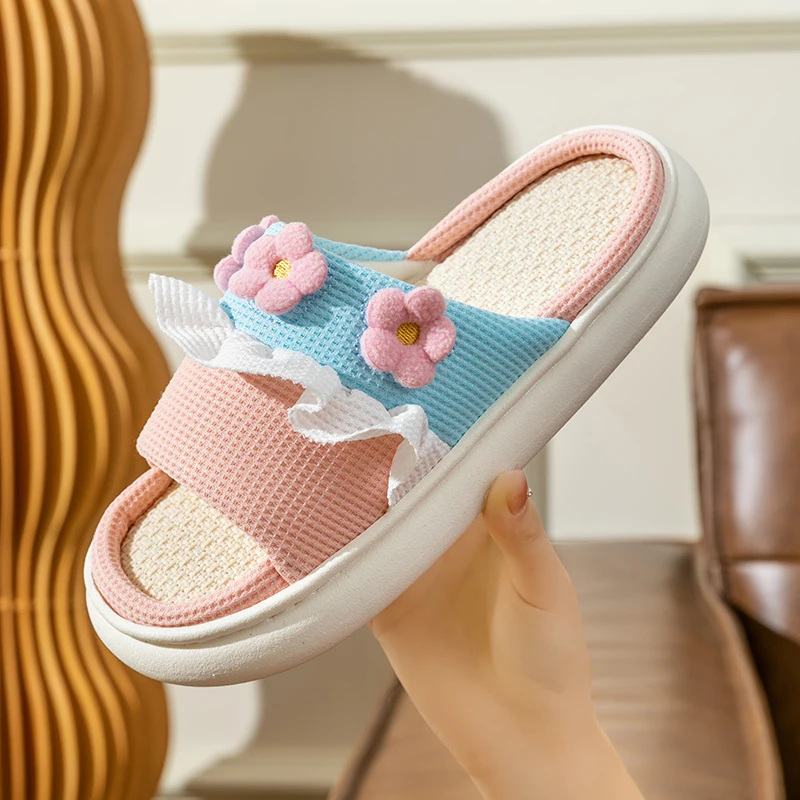 Platform Slippers Women Home Cartoon Cute Flower Designer Shoes Girls Casual House Cotton Linen Slides Flats Indoor Open Toe