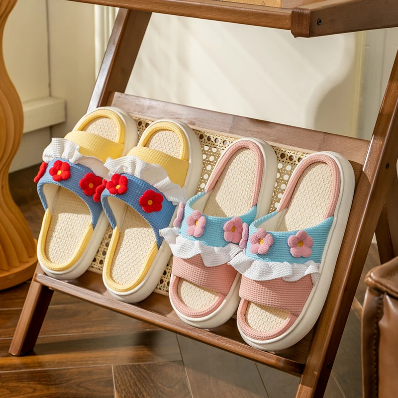 Platform Slippers Women Home Cartoon Cute Flower Designer Shoes Girls Casual House Cotton Linen Slides Flats Indoor Open Toe
