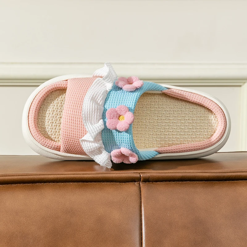 Platform Slippers Women Home Cartoon Cute Flower Designer Shoes Girls Casual House Cotton Linen Slides Flats Indoor Open Toe