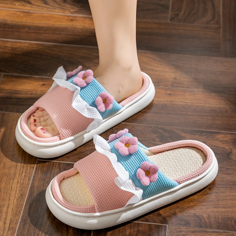 Platform Slippers Women Home Cartoon Cute Flower Designer Shoes Girls Casual House Cotton Linen Slides Flats Indoor Open Toe