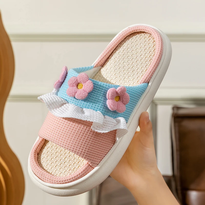Platform Slippers Women Home Cartoon Cute Flower Designer Shoes Girls Casual House Cotton Linen Slides Flats Indoor Open Toe
