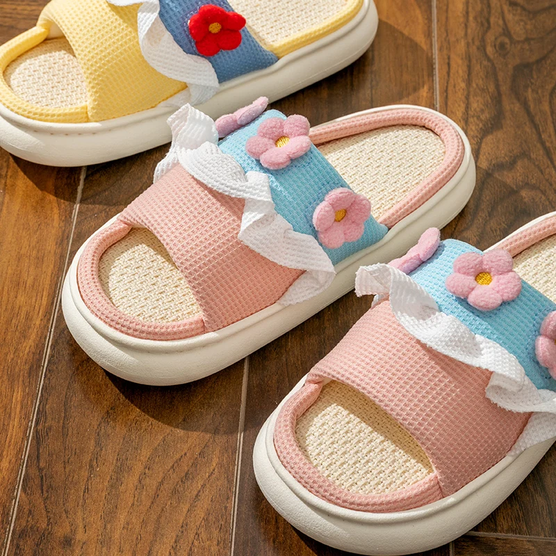 Platform Slippers Women Home Cartoon Cute Flower Designer Shoes Girls Casual House Cotton Linen Slides Flats Indoor Open Toe