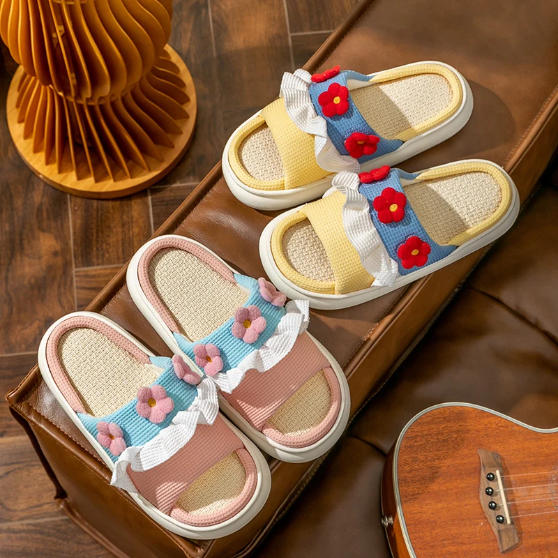 Platform Slippers Women Home Cartoon Cute Flower Designer Shoes Girls Casual House Cotton Linen Slides Flats Indoor Open Toe