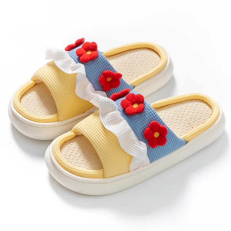 Platform Slippers Women Home Cartoon Cute Flower Designer Shoes Girls Casual House Cotton Linen Slides Flats Indoor Open Toe