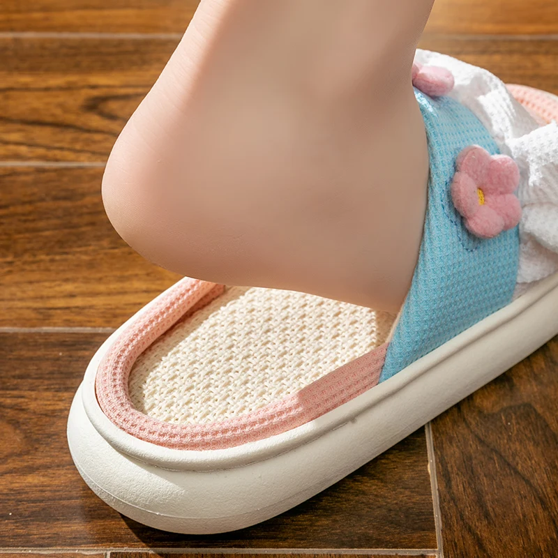 Platform Slippers Women Home Cartoon Cute Flower Designer Shoes Girls Casual House Cotton Linen Slides Flats Indoor Open Toe