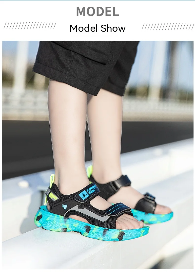 Girls' Sandals 2024 New Summer Boys Soft Soled Students Medium and Large Children Casual Double Row Velcro Beach Shoes