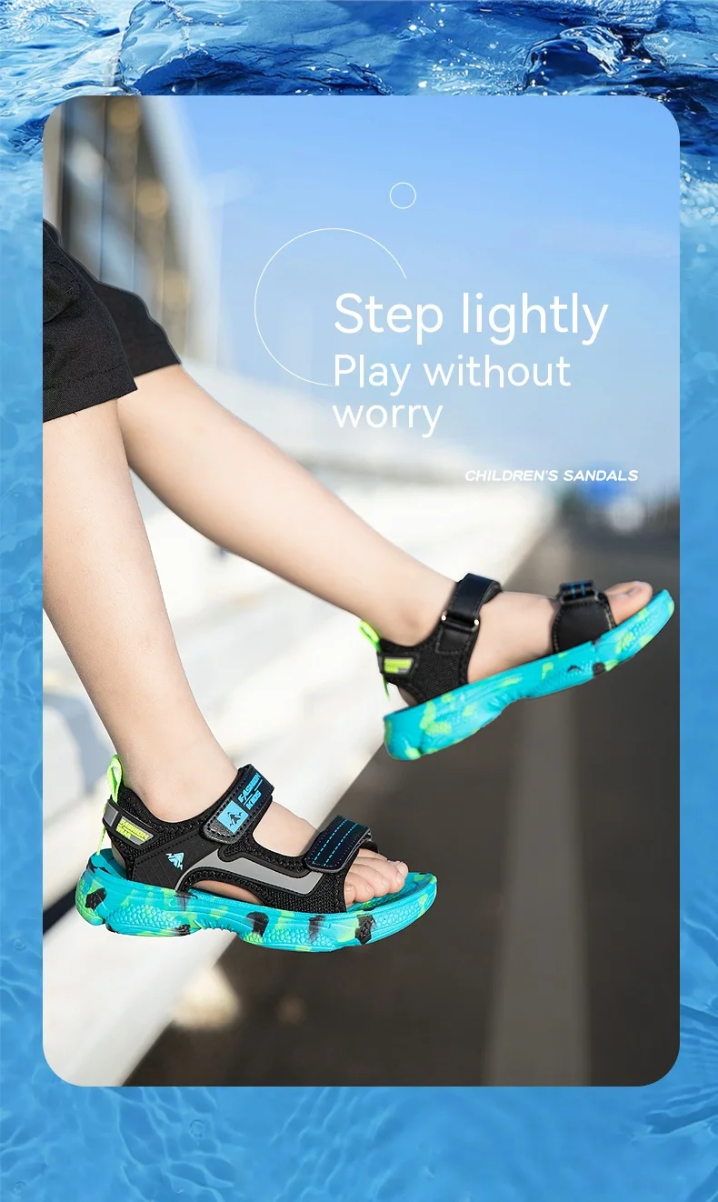 Girls' Sandals 2024 New Summer Boys Soft Soled Students Medium and Large Children Casual Double Row Velcro Beach Shoes