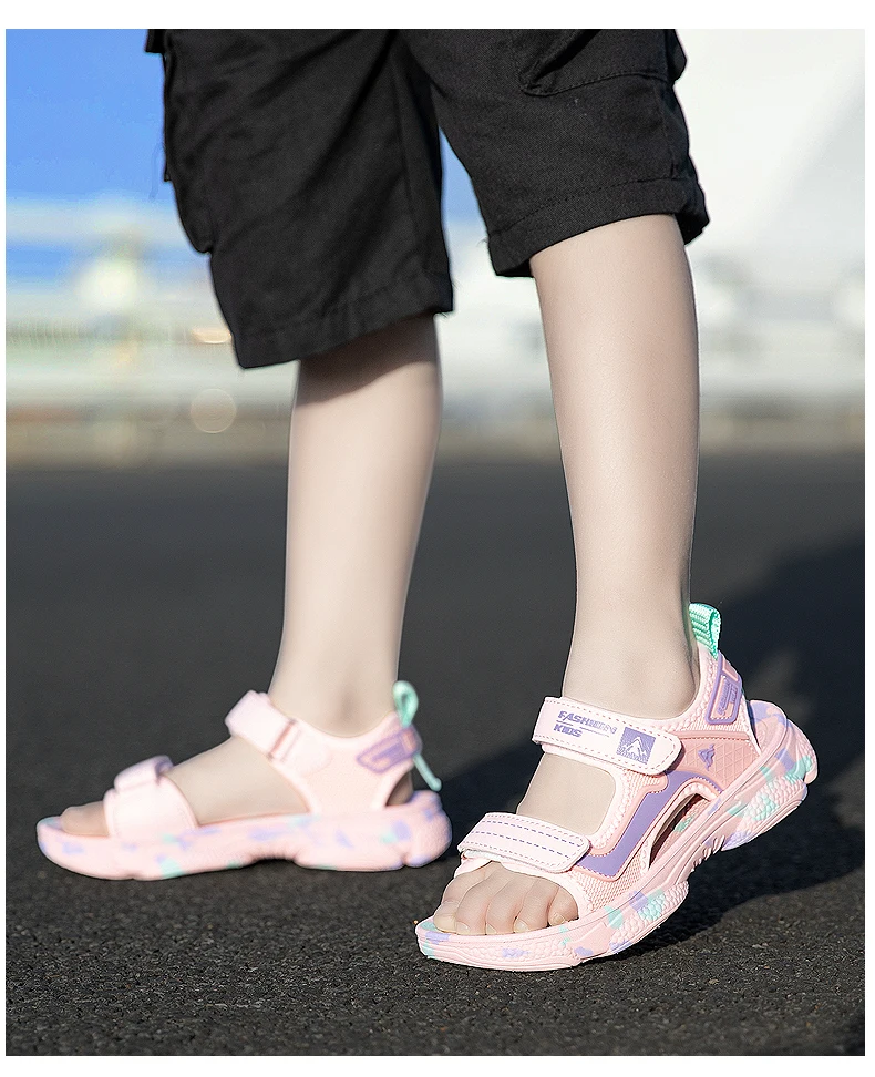 Girls' Sandals 2024 New Summer Boys Soft Soled Students Medium and Large Children Casual Double Row Velcro Beach Shoes