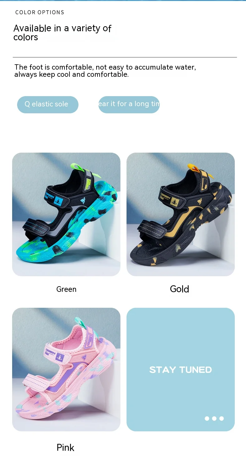 Girls' Sandals 2024 New Summer Boys Soft Soled Students Medium and Large Children Casual Double Row Velcro Beach Shoes