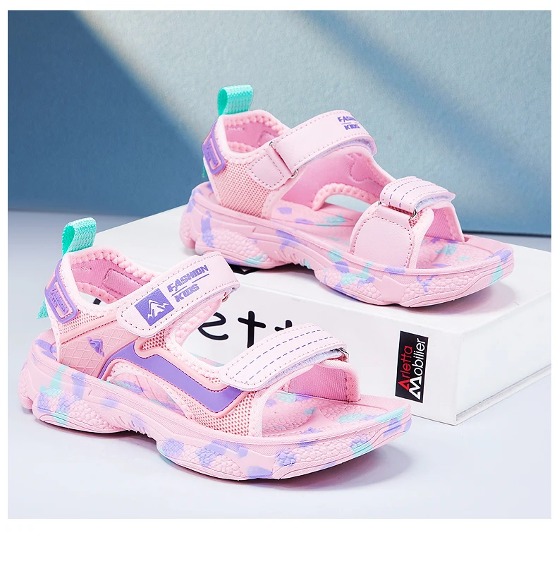Girls' Sandals 2024 New Summer Boys Soft Soled Students Medium and Large Children Casual Double Row Velcro Beach Shoes