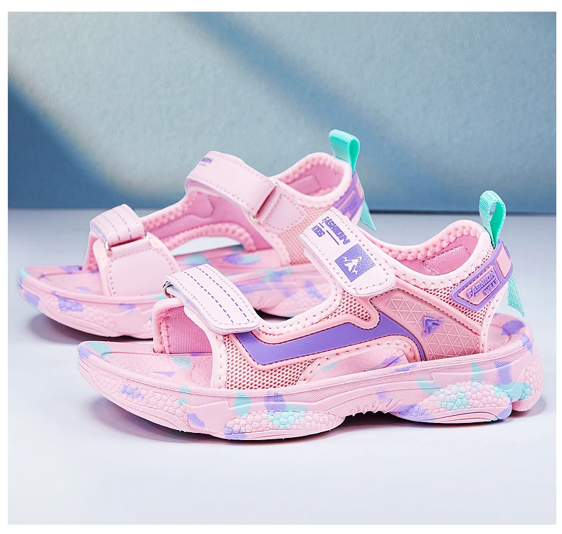 Girls' Sandals 2024 New Summer Boys Soft Soled Students Medium and Large Children Casual Double Row Velcro Beach Shoes