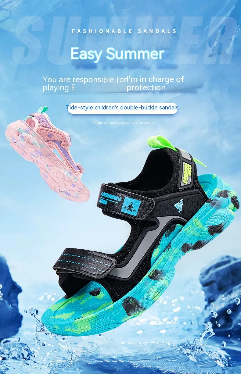 Girls' Sandals 2024 New Summer Boys Soft Soled Students Medium and Large Children Casual Double Row Velcro Beach Shoes