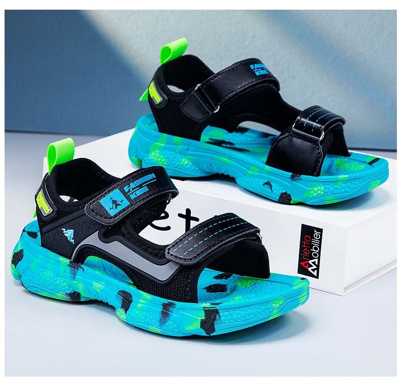 Girls' Sandals 2024 New Summer Boys Soft Soled Students Medium and Large Children Casual Double Row Velcro Beach Shoes