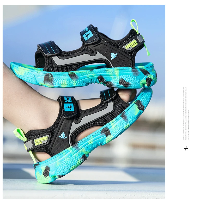 Girls' Sandals 2024 New Summer Boys Soft Soled Students Medium and Large Children Casual Double Row Velcro Beach Shoes