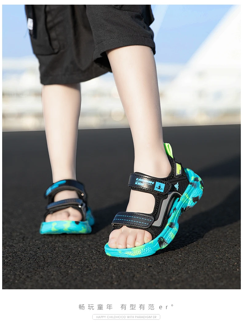 Girls' Sandals 2024 New Summer Boys Soft Soled Students Medium and Large Children Casual Double Row Velcro Beach Shoes