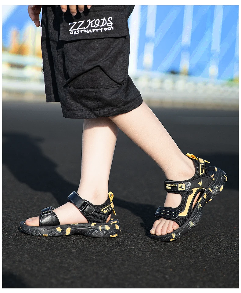 Girls' Sandals 2024 New Summer Boys Soft Soled Students Medium and Large Children Casual Double Row Velcro Beach Shoes
