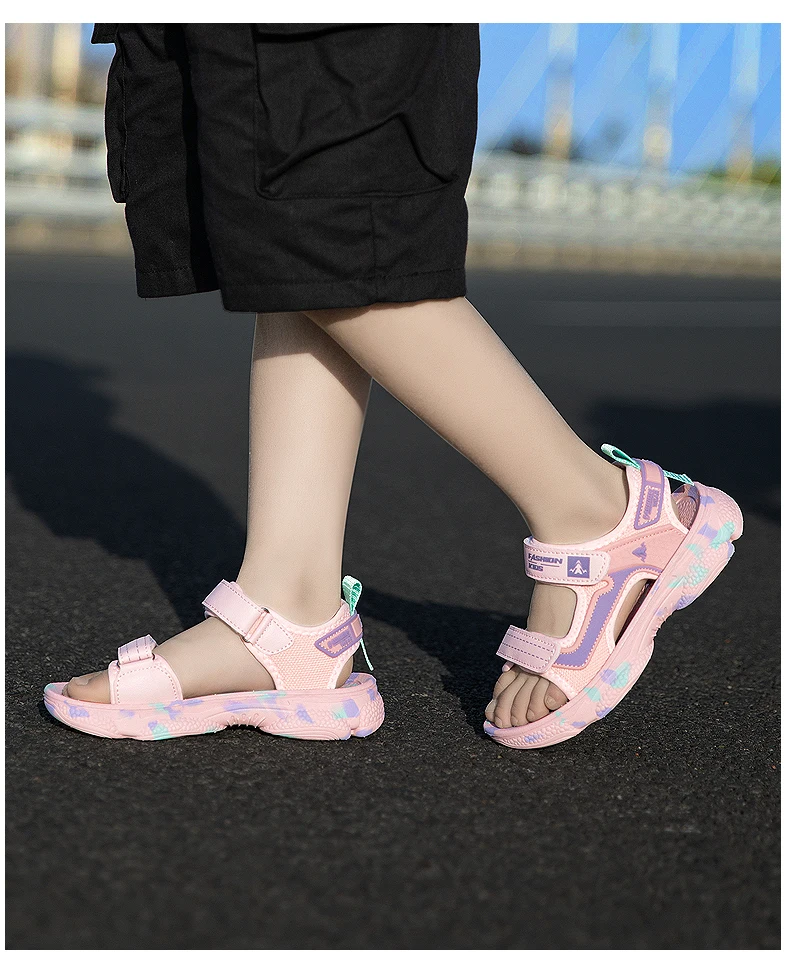 Girls' Sandals 2024 New Summer Boys Soft Soled Students Medium and Large Children Casual Double Row Velcro Beach Shoes