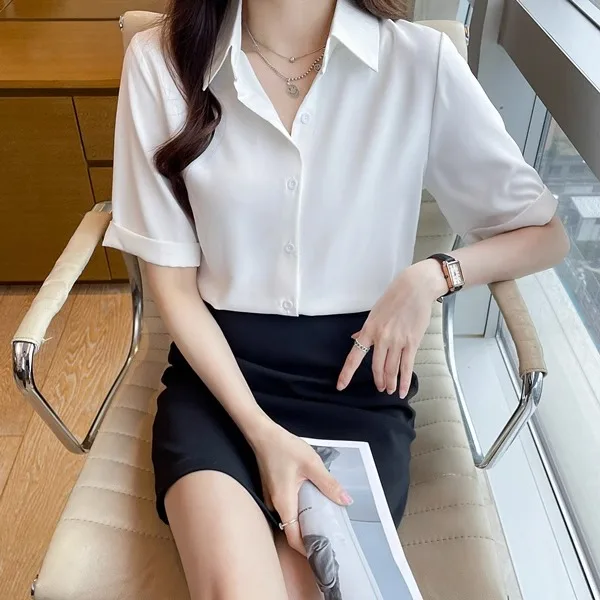 Summer Short Sleeve V-Neck Chiffon Shirt Women's Clothing 2024 Spring New Office Lady Loose Casual Pullover Blouse